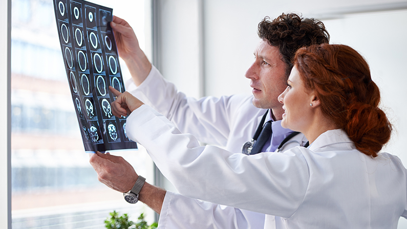 Doctors, brain scan and reading for results at hospital with pointing, teamwork and health by window. Neurologist, partner and medic with mri for wellness, check and decision with document in clinic