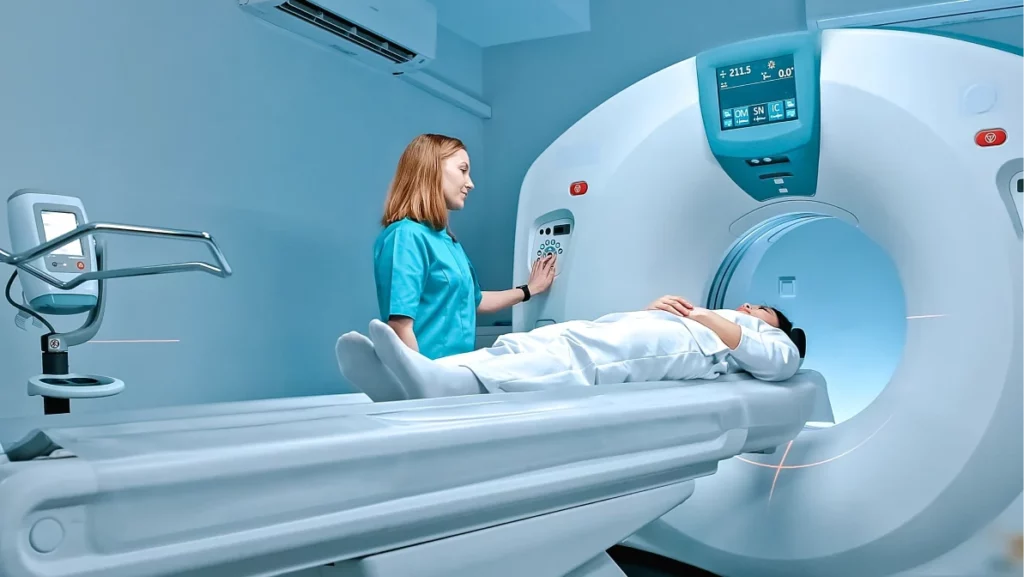 Radiologist consults patient before undergoing diagnostics using magnetic resonance imaging machine in medical center. Patient getting recommendations from doctor before tomography procedure. MRI