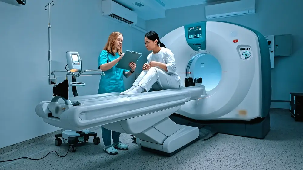 Doctor talking to patient before procedure. MRI examination.
