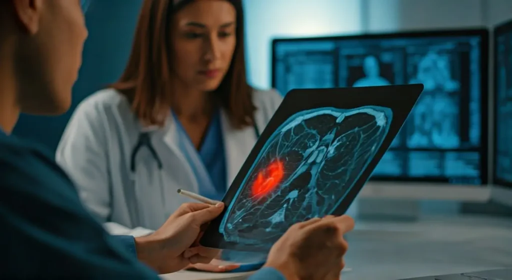 Medical team analyzing MRI or CT scans of soft tissue sarcoma, showing muscle anatomy with highlighted tumor area, in a clinical setting, professional and clean medical environment.